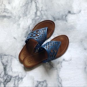 RARE! Tory Burch Logo Sandals Woven Pattern Blue